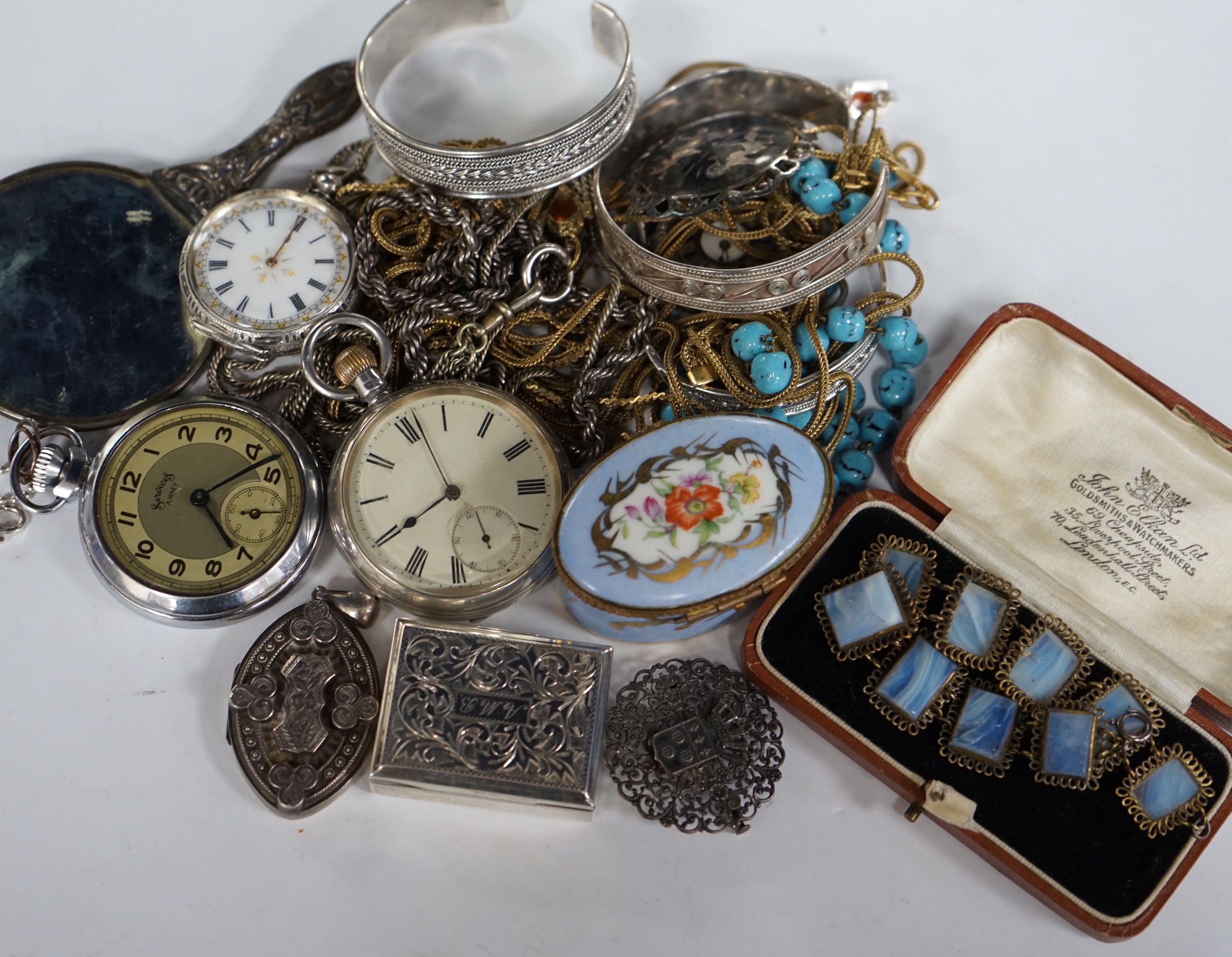 A quantity of assorted jewellery including a later Victorian silver locket and brooch, Italian 925 bracelet, chains, thimble, bangle, etc. together with a 935 white metal fob watch, a silver pocket watch and an Elgin gol